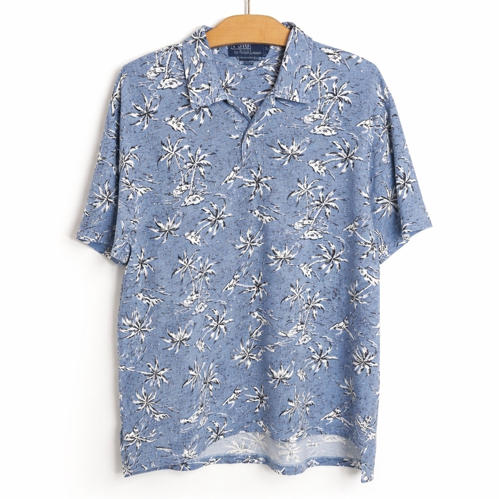Polo Ralph Lauren Blue Tropical Palm Print Polo Shirt Size L